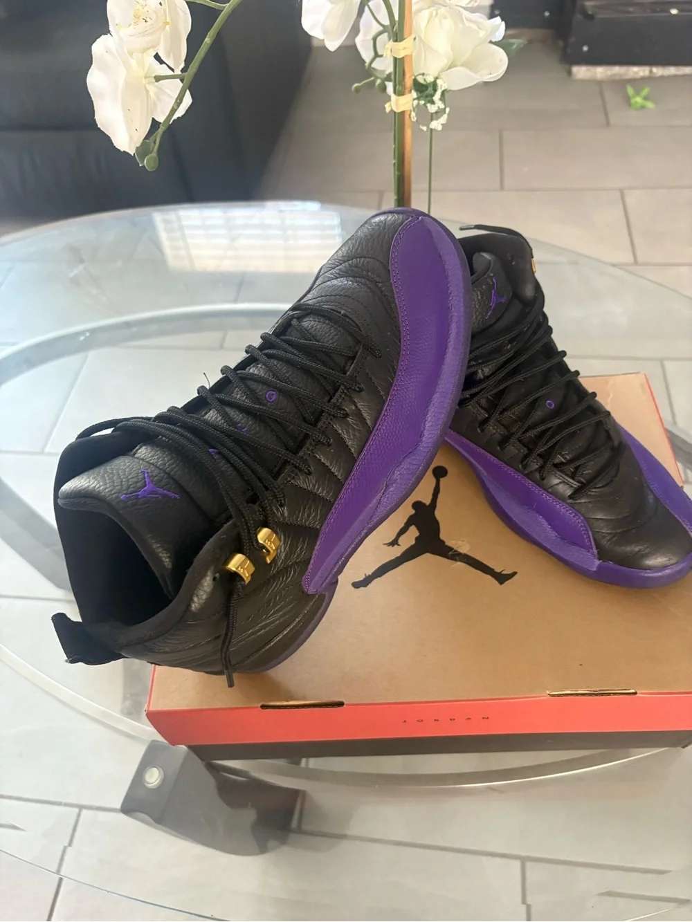 Jordan Retro High-Top Sneakers in Black and Purple with Gold Eyelets